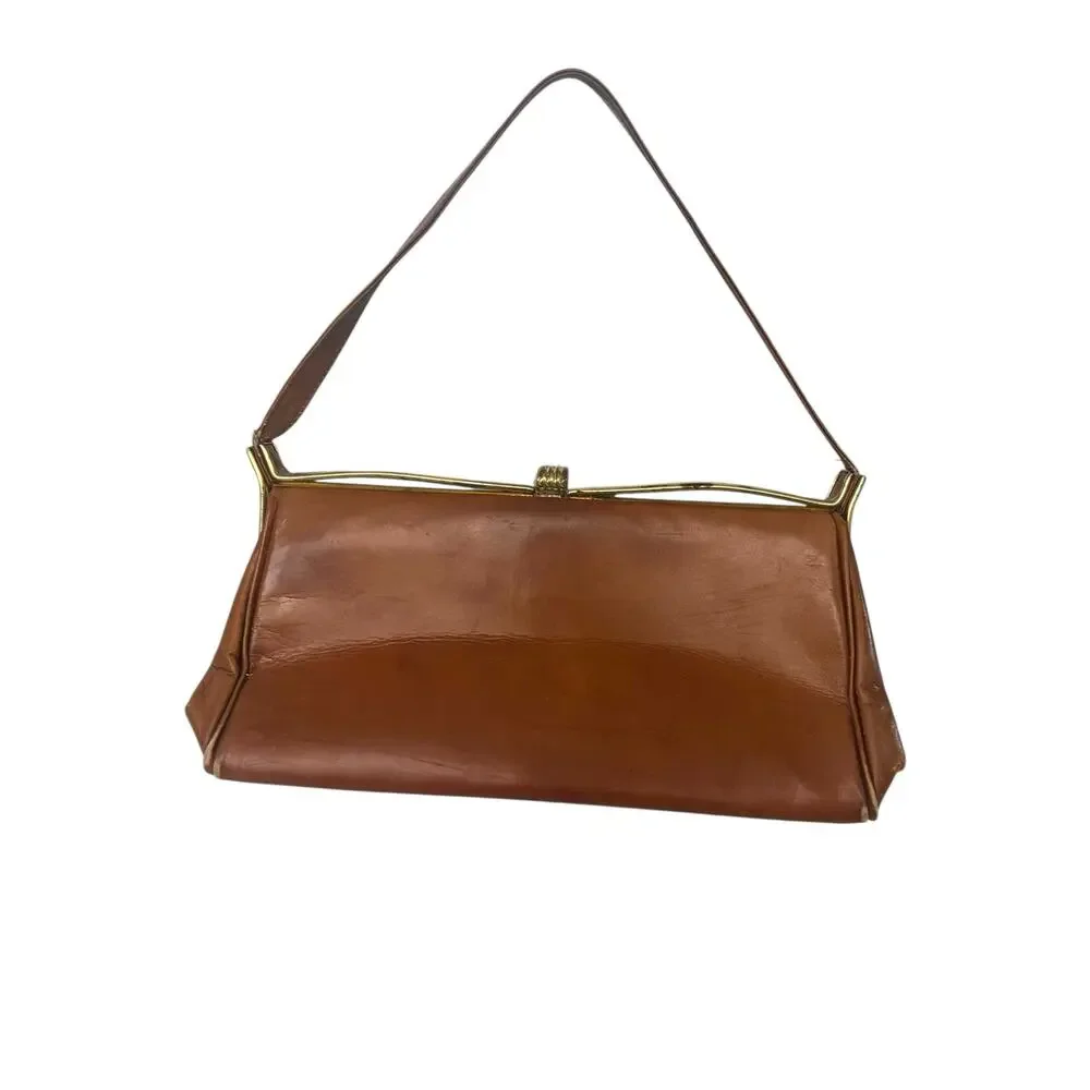 Vintage 1950s Brown Leather Frame Clutch Shoulder Bag Whipstitch